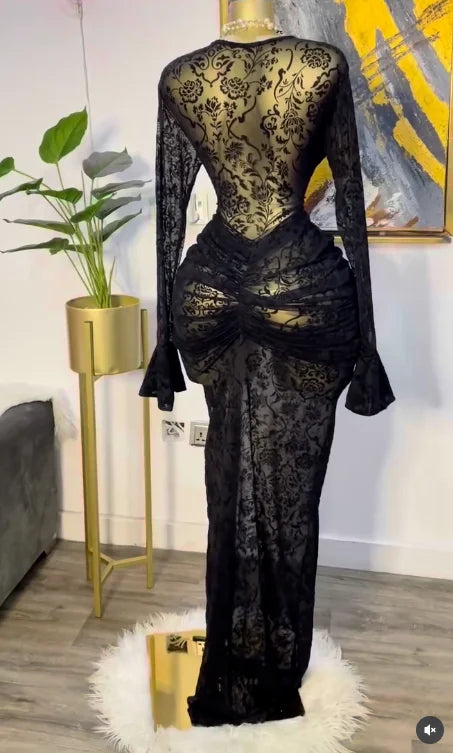 Elegant Sheer Mesh Evening Gown Long Sleeve Formal