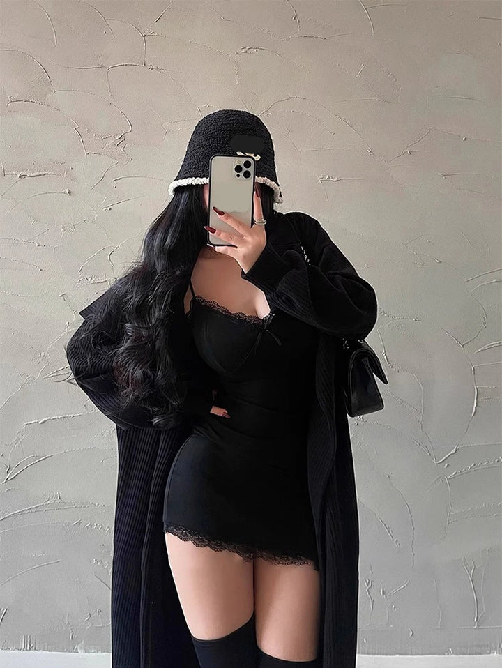 JeYongZoo Black Y2K Lace Bodycon Mini Dress