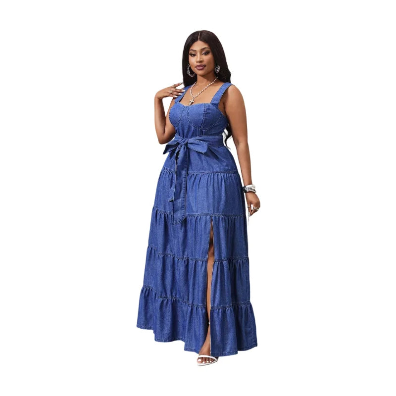 Stylish Women Square Neck Sleeveless Tiered Maxi Dress