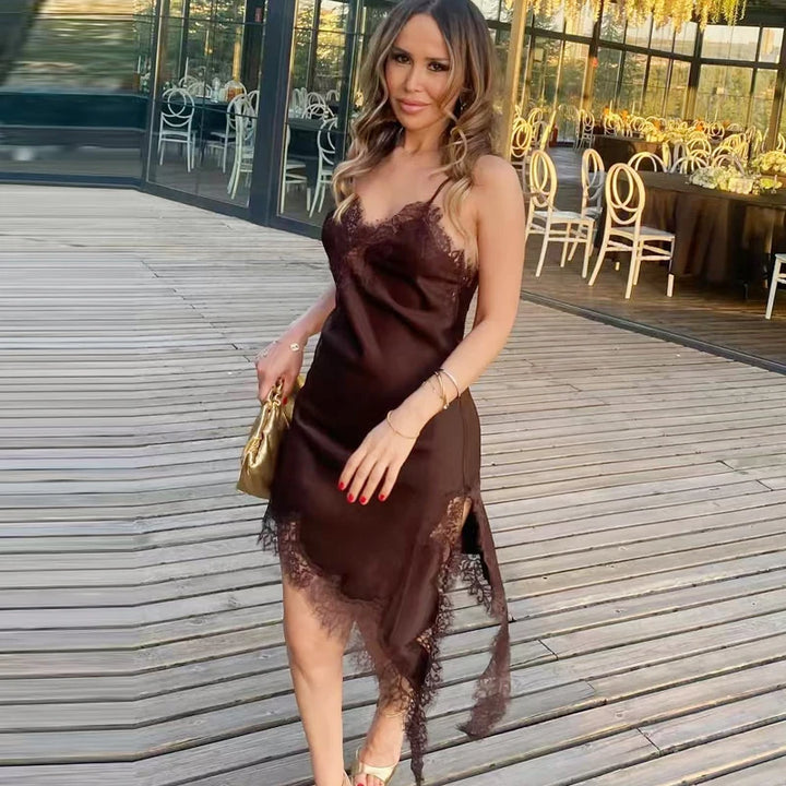 Luxury Asymmetric Lace Slip Dress For Evening Wear