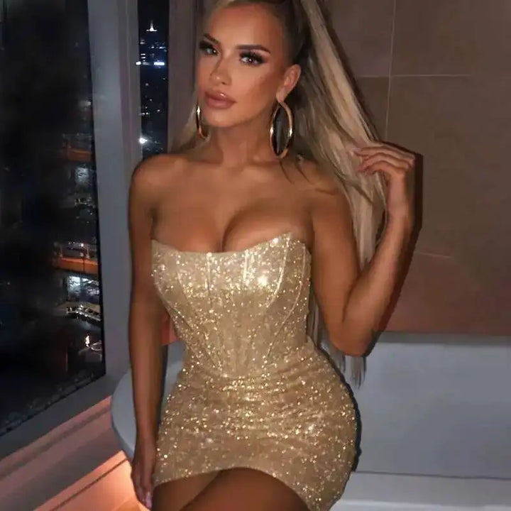 Giyu Strapless Night Club Glitter Bodycon Dress
