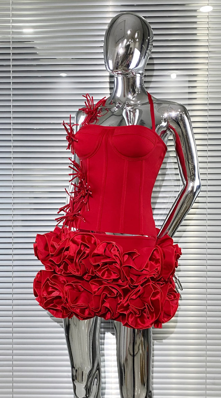 Black Red Strapless Laced Bodycon Cocktail Mini