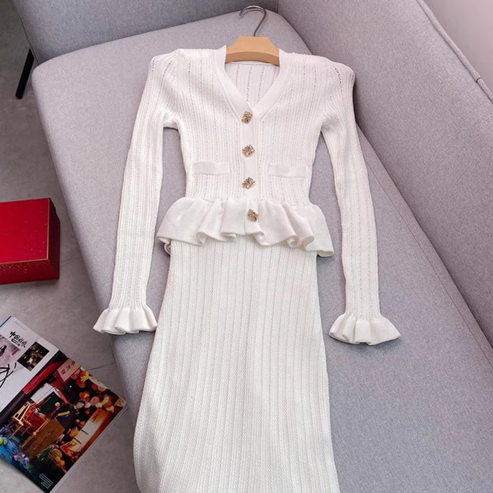 YuooMuoo Knit Maxi Dress V Neck Ruffles Slim Waist