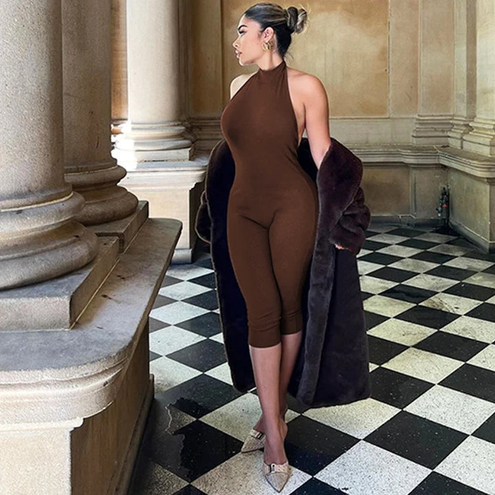 Elegant Ribbed Knit Halter Neck Bodycon Jumpsuit