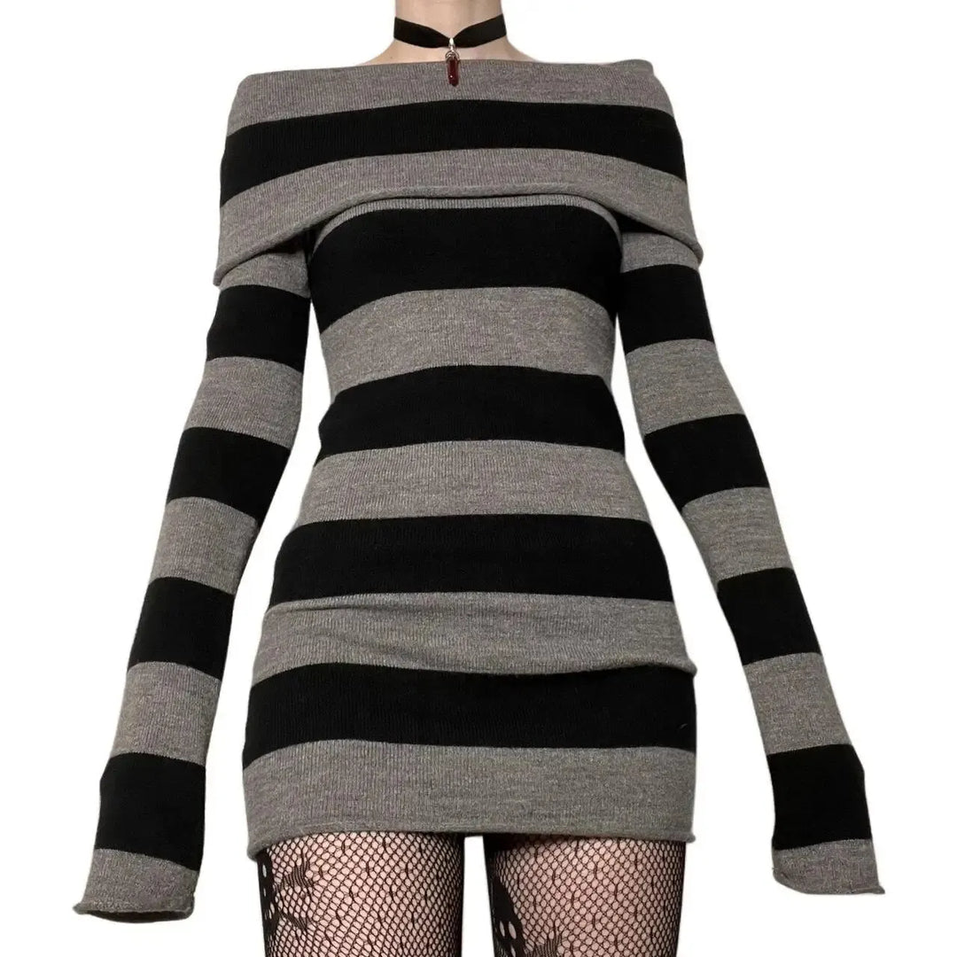 Women Striped Mini Bodycon Dress Boat Neck Party