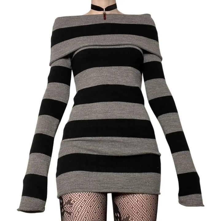 Women Striped Mini Bodycon Dress Boat Neck Party