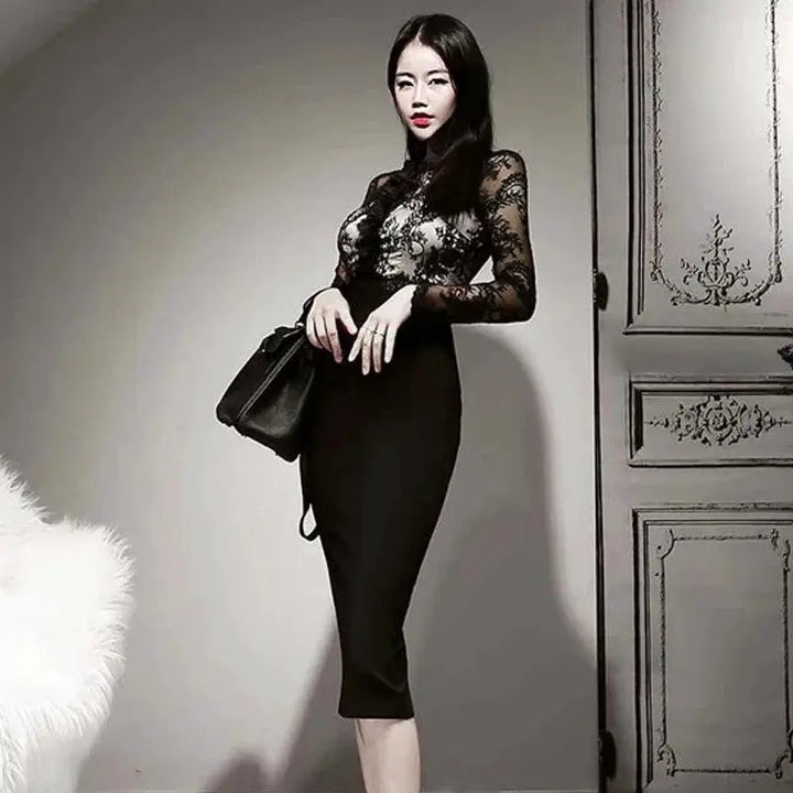 Korean Retro Lace Sheath Dress For Office Casual Wear