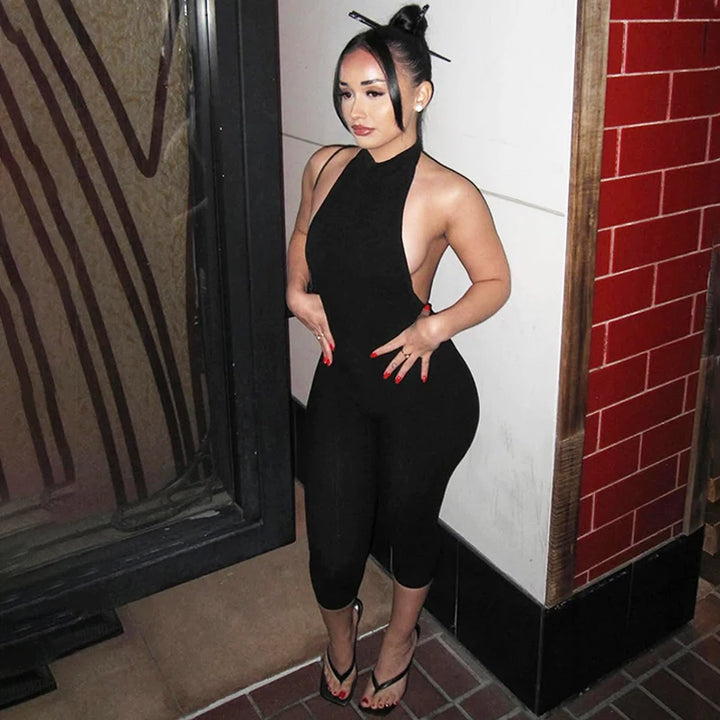 Elegant Ribbed Knit Halter Neck Bodycon Jumpsuit