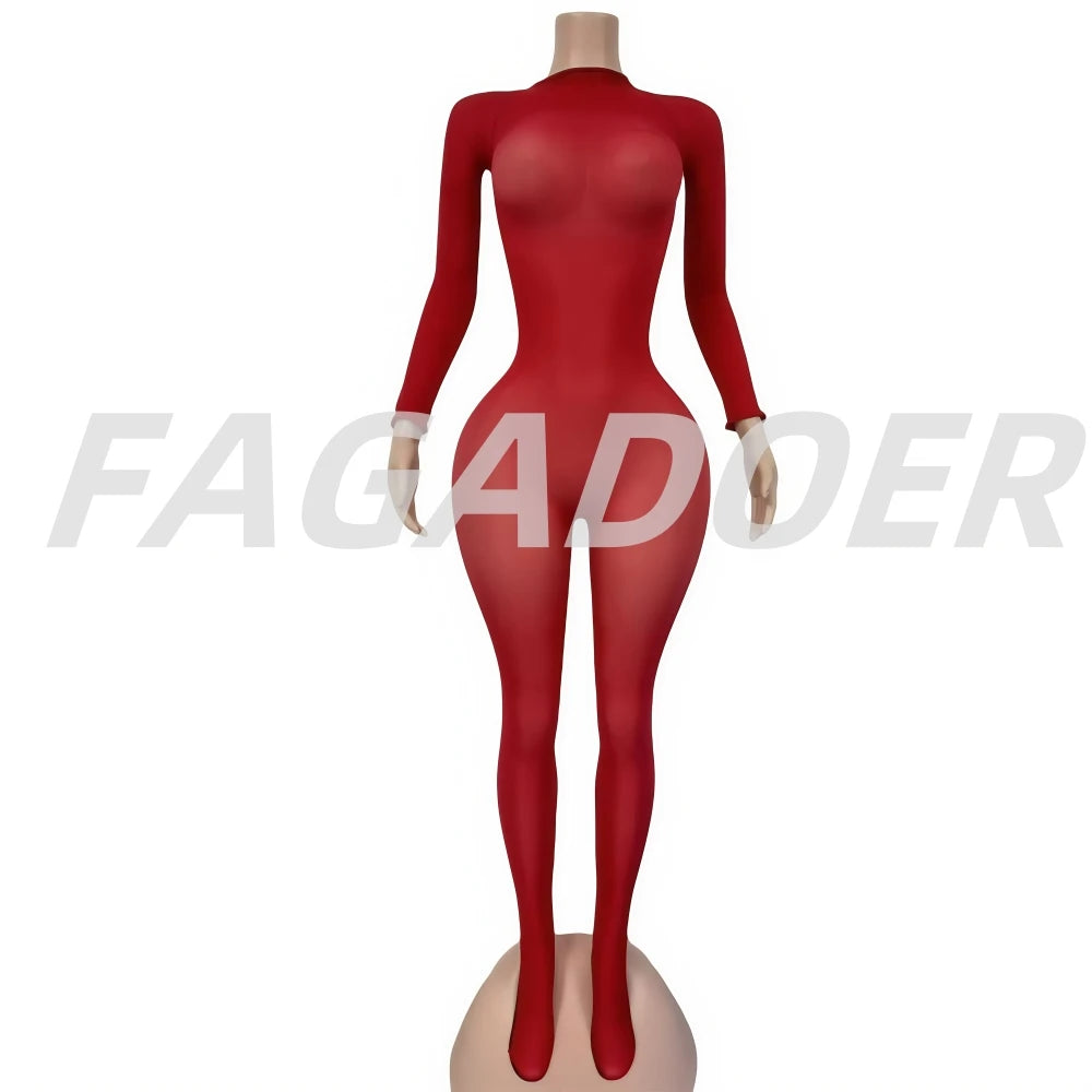 FAGADOER See Through Mesh Bodycon Jumpsuit Women
