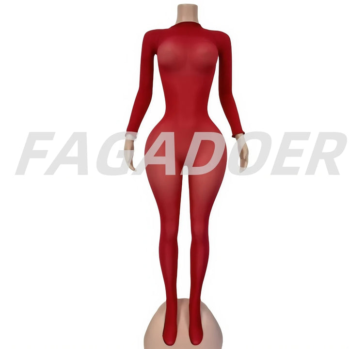 FAGADOER See Through Mesh Bodycon Jumpsuit Women