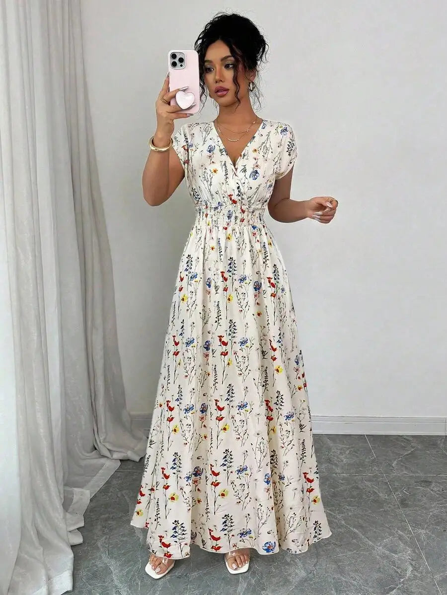 Charming Ditsy Floral V Neck Waisted Maxi Dress