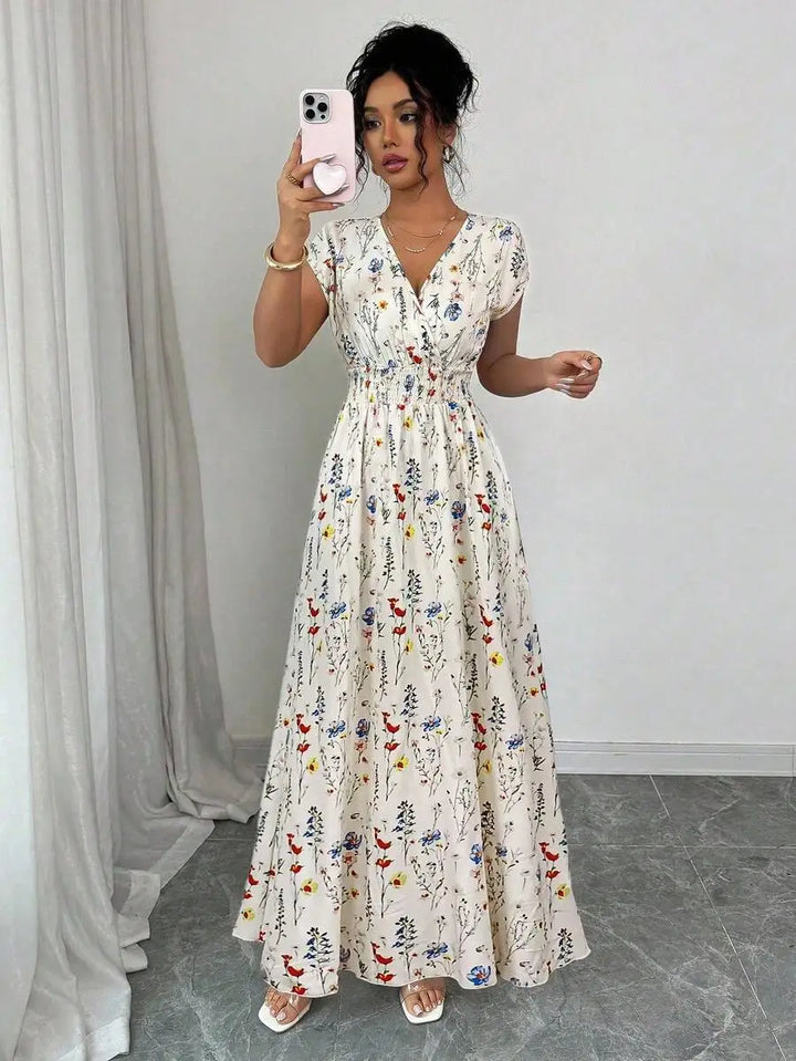 Charming Ditsy Floral V Neck Waisted Maxi Dress