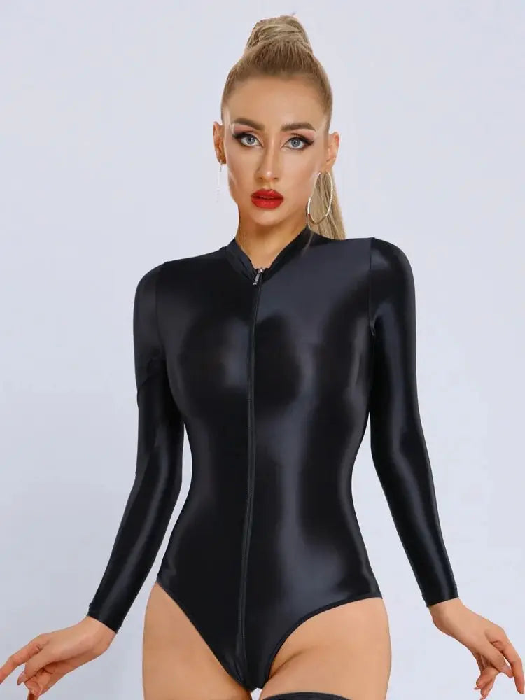 Glossy Long Sleeve Swim Bodysuit Zipper Tights