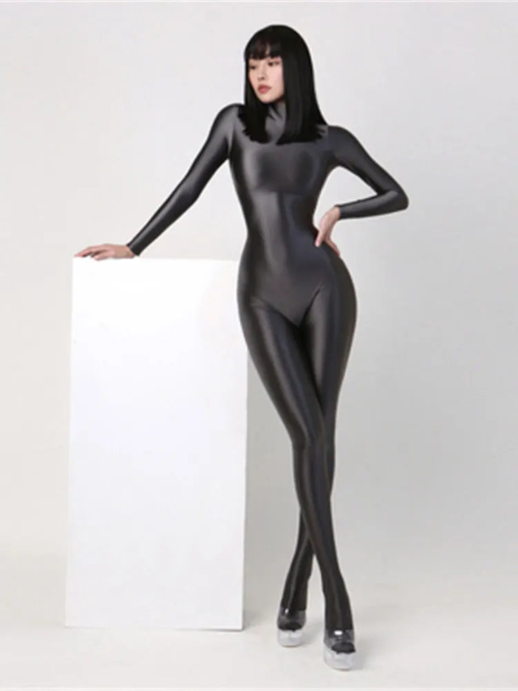 Glossy Longsleeve Elastic Bodysuit Jumpsuit Women