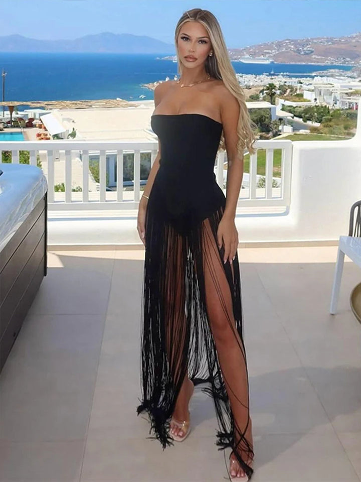 Weird Puss Strapless Bodysuit Patchwork Tassel Valentine Party Wear