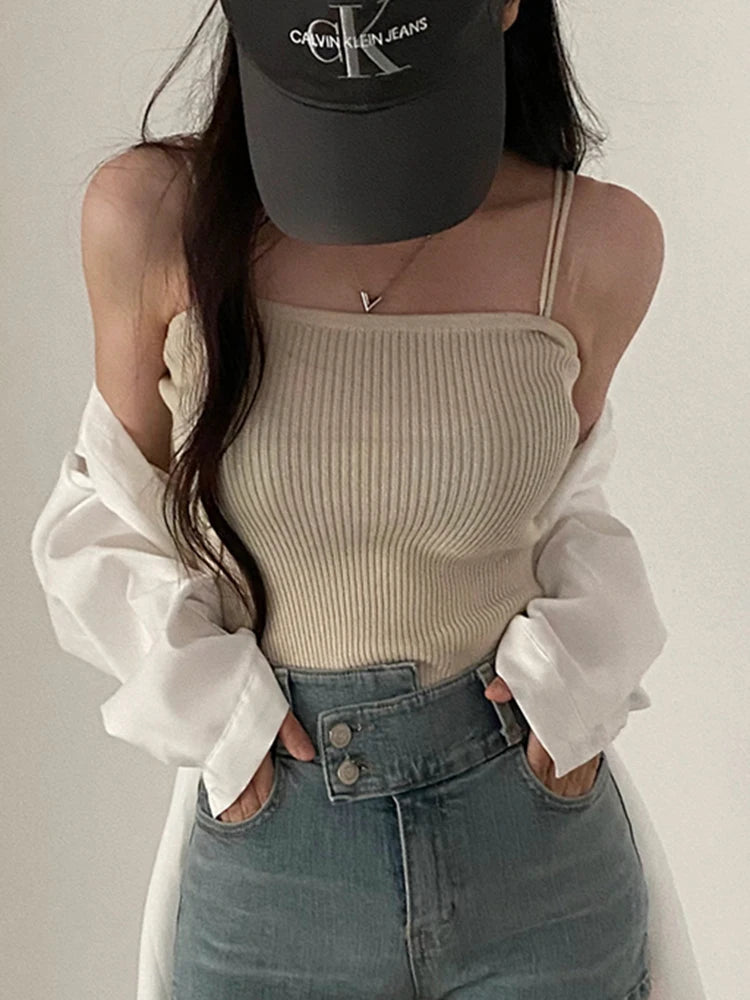 Slim Stretch Cotton Knitted Halter Crop Vest