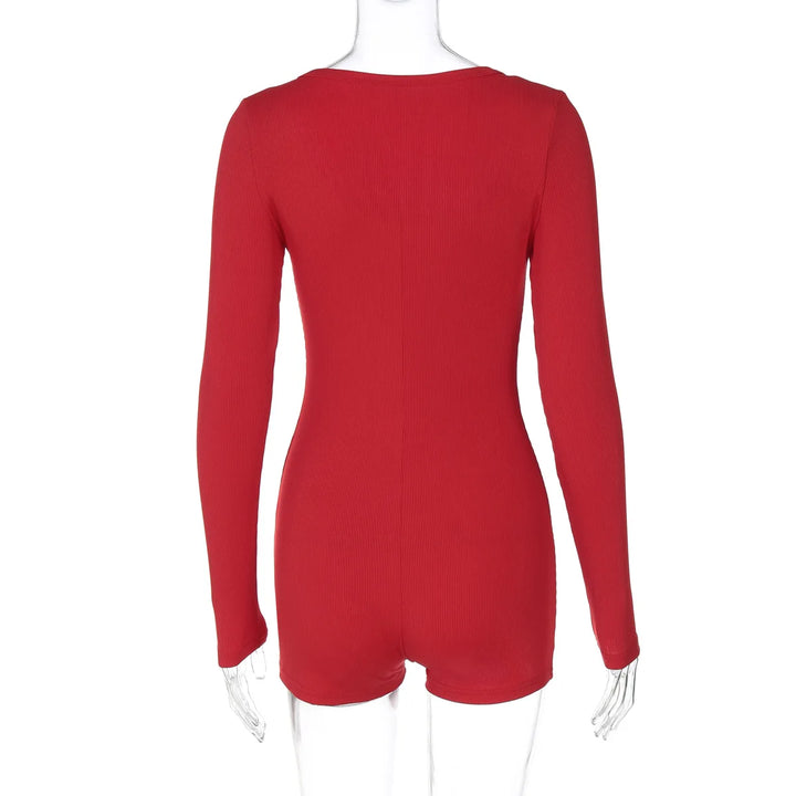 Stylish Ribbed Knit Bodycon Playsuit With Buttons