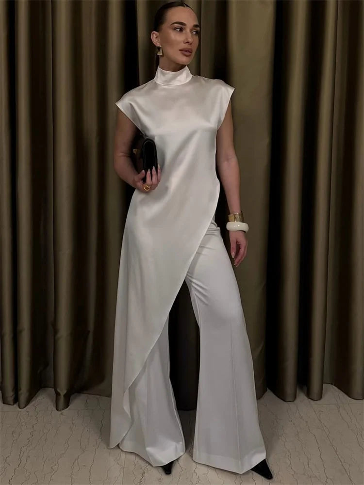 Stylish Satin Turtleneck Sleeveless Maxi Dress For Casual Commute