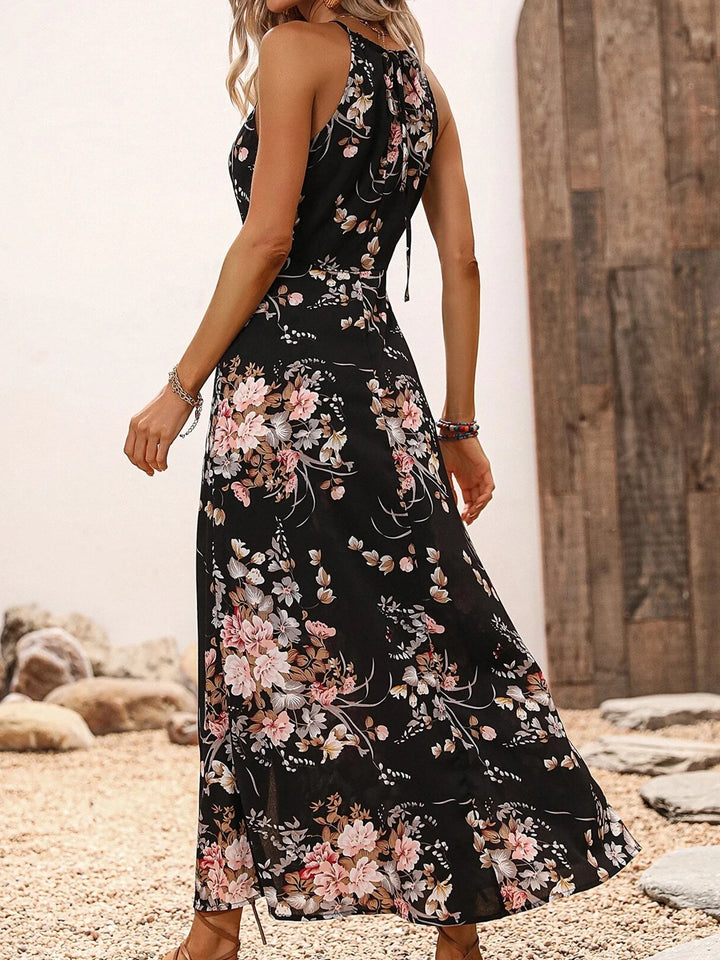 Floral Print Halter Dress High Slit Bodycon