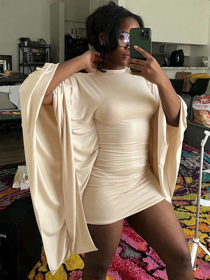 Weird Puss Bat Sleeve Bodycon Party Dress Peach