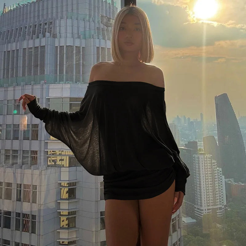 Chic Off Shoulder Sheer Mini Dress For Elegant