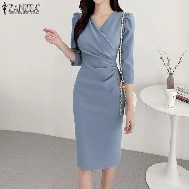 Elegant V Neck Bodycon Dress Fine Weave Workwear