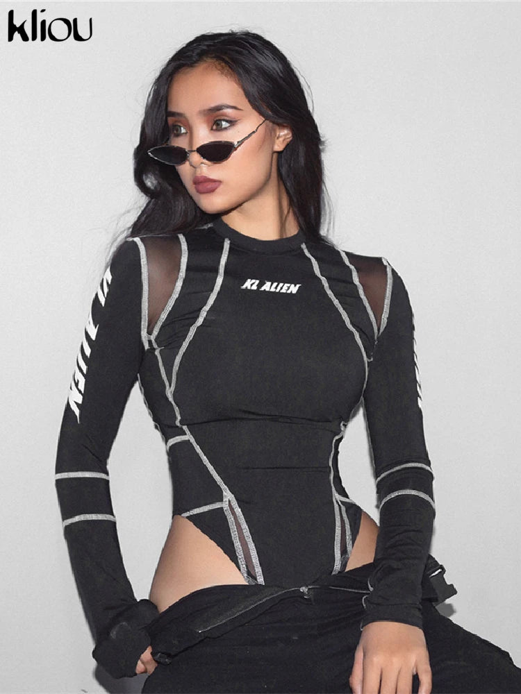 Kliou Women Mesh Patchwork Letter Turtleneck Bodysuit