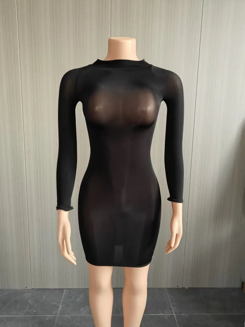 Oil Shiny See Through Bodycon Mini Dress