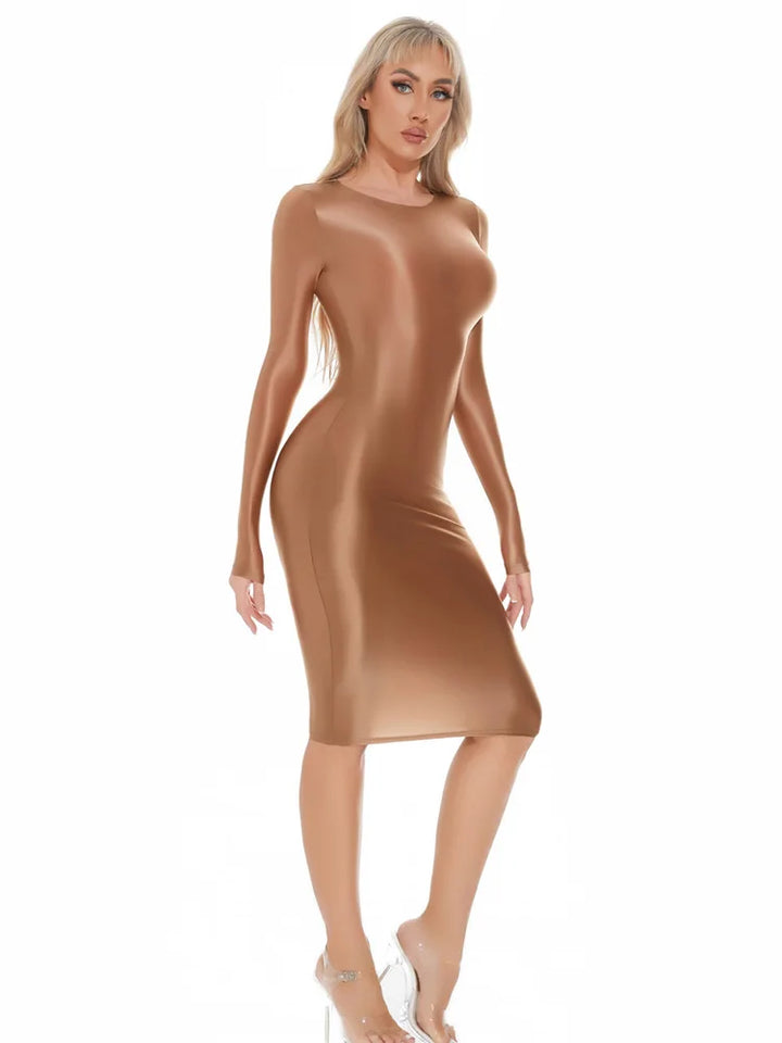 Oil Glossy Bodycon Pencil Dress Sexy Push Up Fit