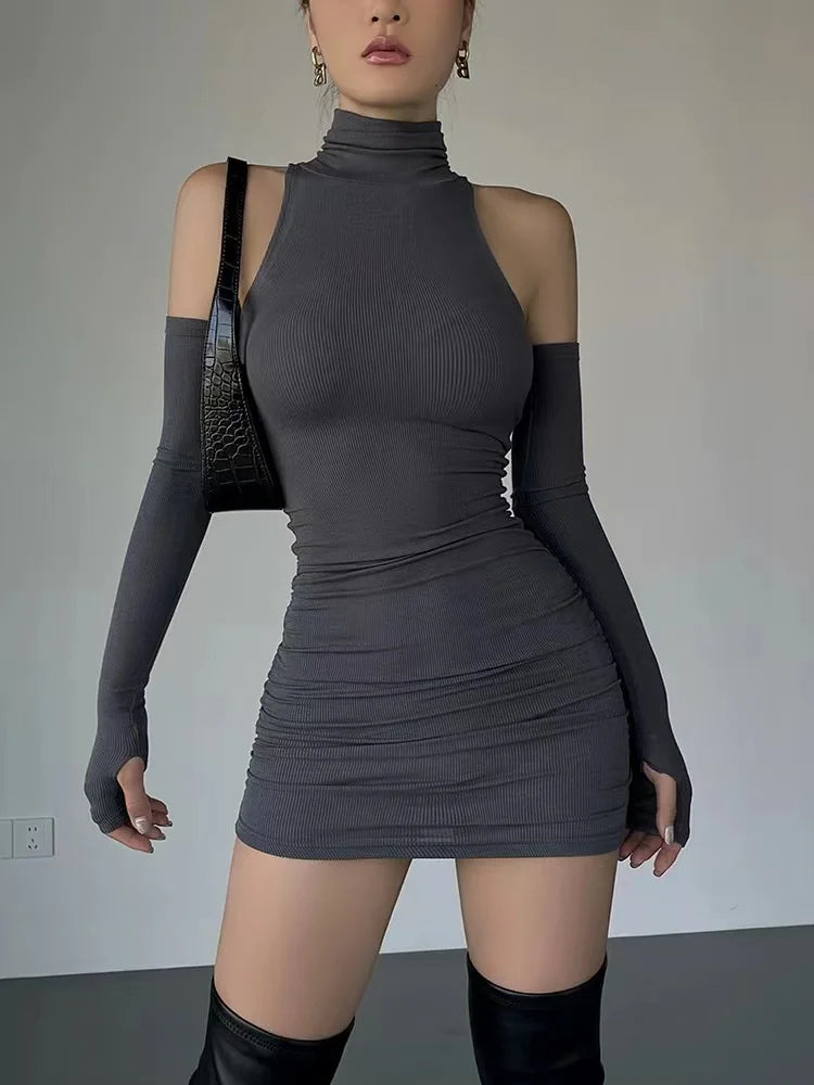Ruched Bodycon Turtleneck Mini Dress Women Black