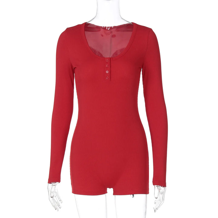 Stylish Ribbed Knit Bodycon Playsuit With Buttons