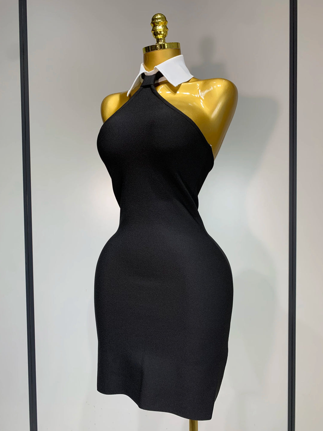 Backless White Shirt Collar Black Bandage Dress
