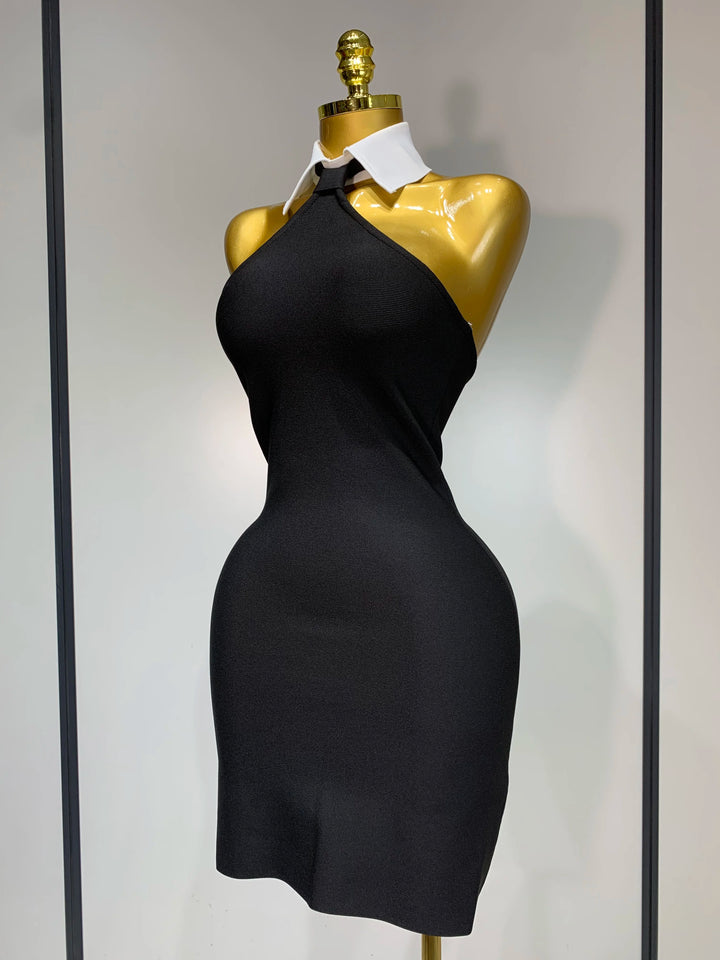 Backless White Shirt Collar Black Bandage Dress