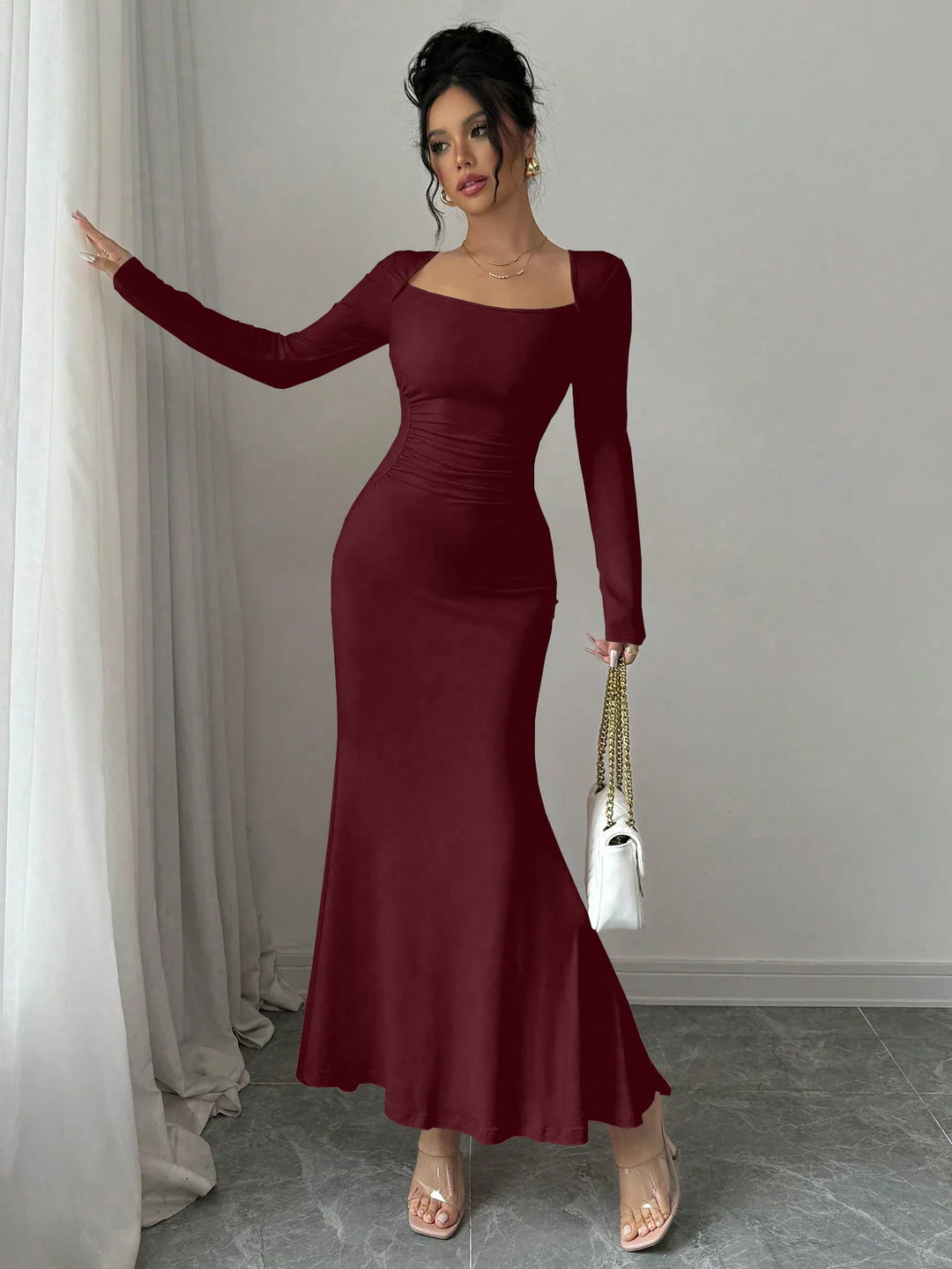 Elegant Retro Square Collar Long Sleeve Dress For Women