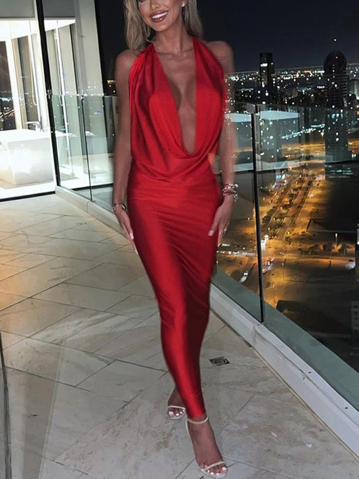 Dulzura Backless Halter Midi Dress Women Bodycon