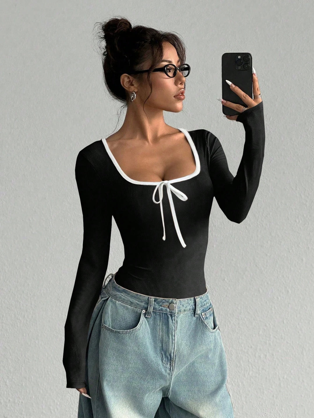 Trendy Women Rib Knit Bow Bodysuit Slim Color