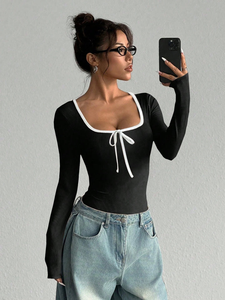 Trendy Women Rib Knit Bow Bodysuit Slim Color