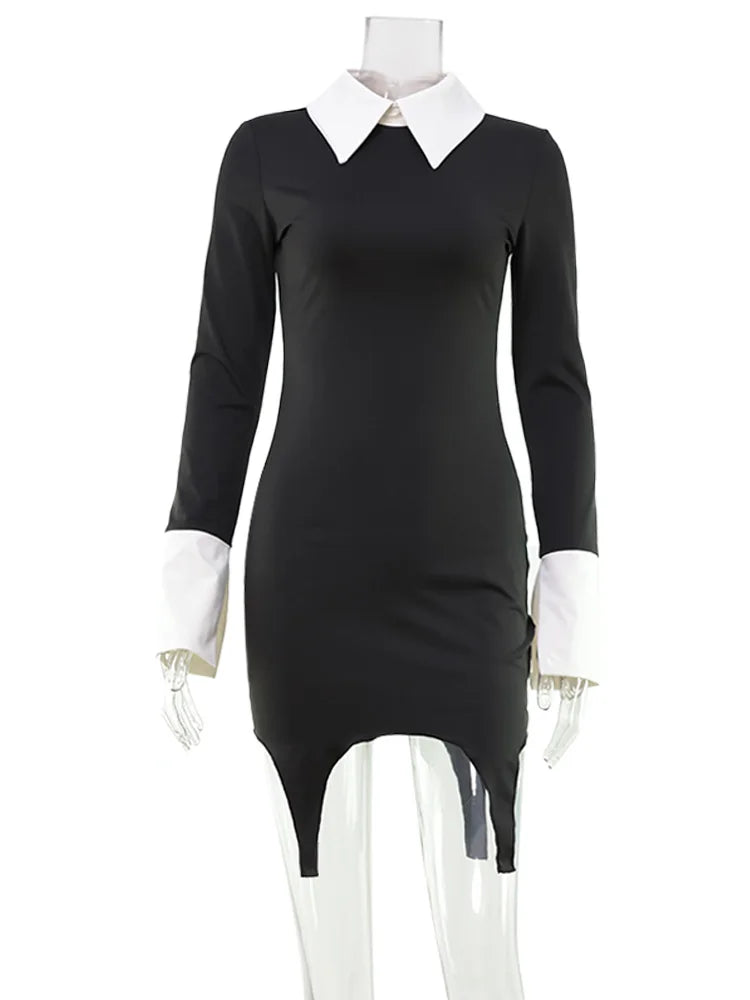 Cnyishe Turn Down Collar Patchwork Bodycon Dress