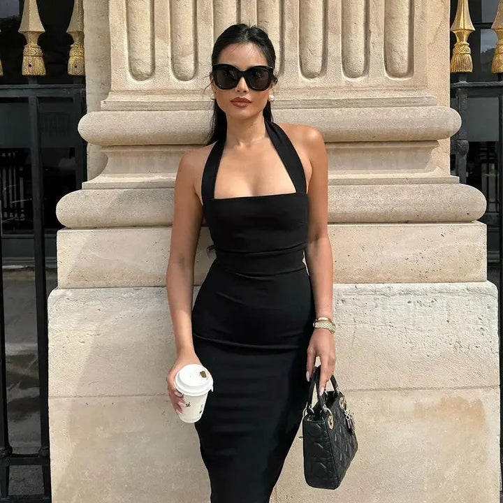 Hugcitar 2025 Elegant Halter Black Backless Sexy Bodycon Maxi Prom Dress Summer Women Y2K Clothes Wedding Birthday Party