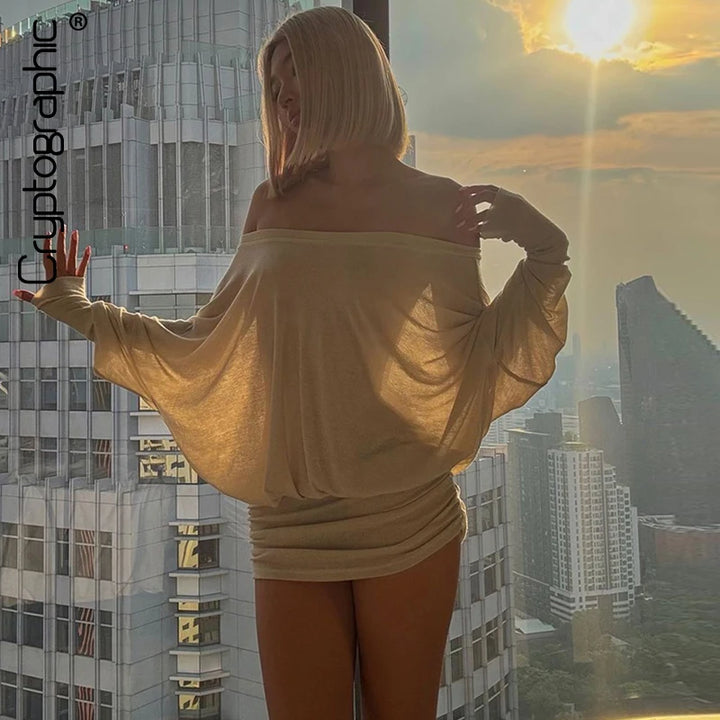 Cryptographic Off Shoulder Sheer Long Sleeve Dress