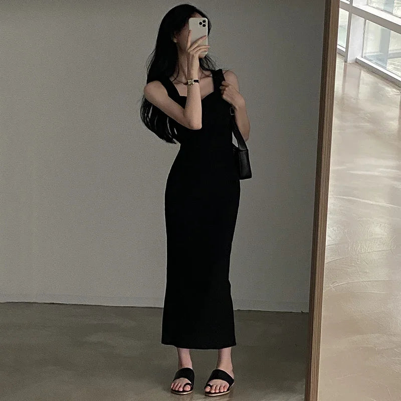 Myufon Square Collar Sleeveless Knit Long Dress