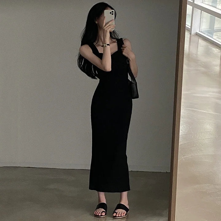 Myufon Square Collar Sleeveless Knit Long Dress