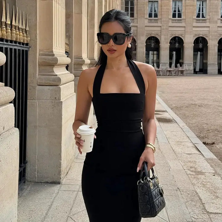 Hugcitar 2025 Elegant Halter Black Backless Sexy Bodycon Maxi Prom Dress Summer Women Y2K Clothes Wedding Birthday Party