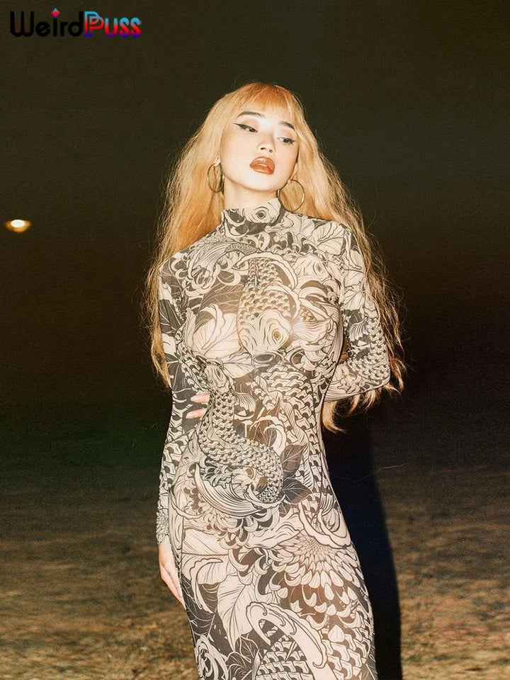 Premium Y2K Weird Puss Mesh Bodycon Maxi Dress