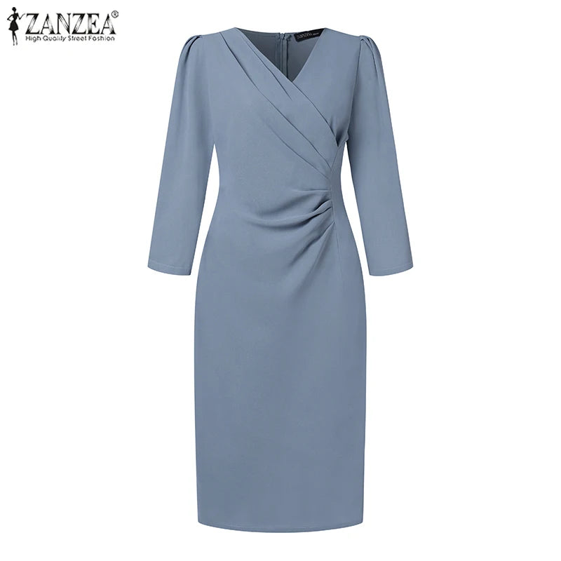 Elegant V Neck Bodycon Dress Fine Weave Workwear