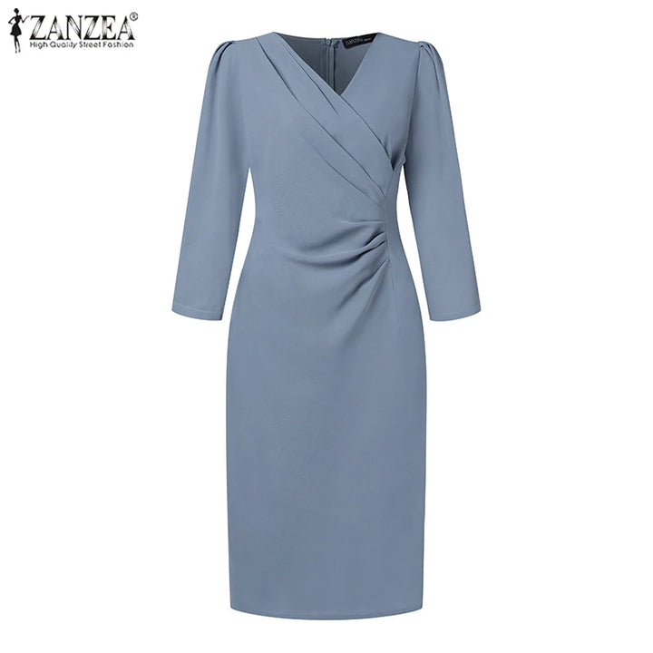 Elegant V Neck Bodycon Dress Fine Weave Workwear