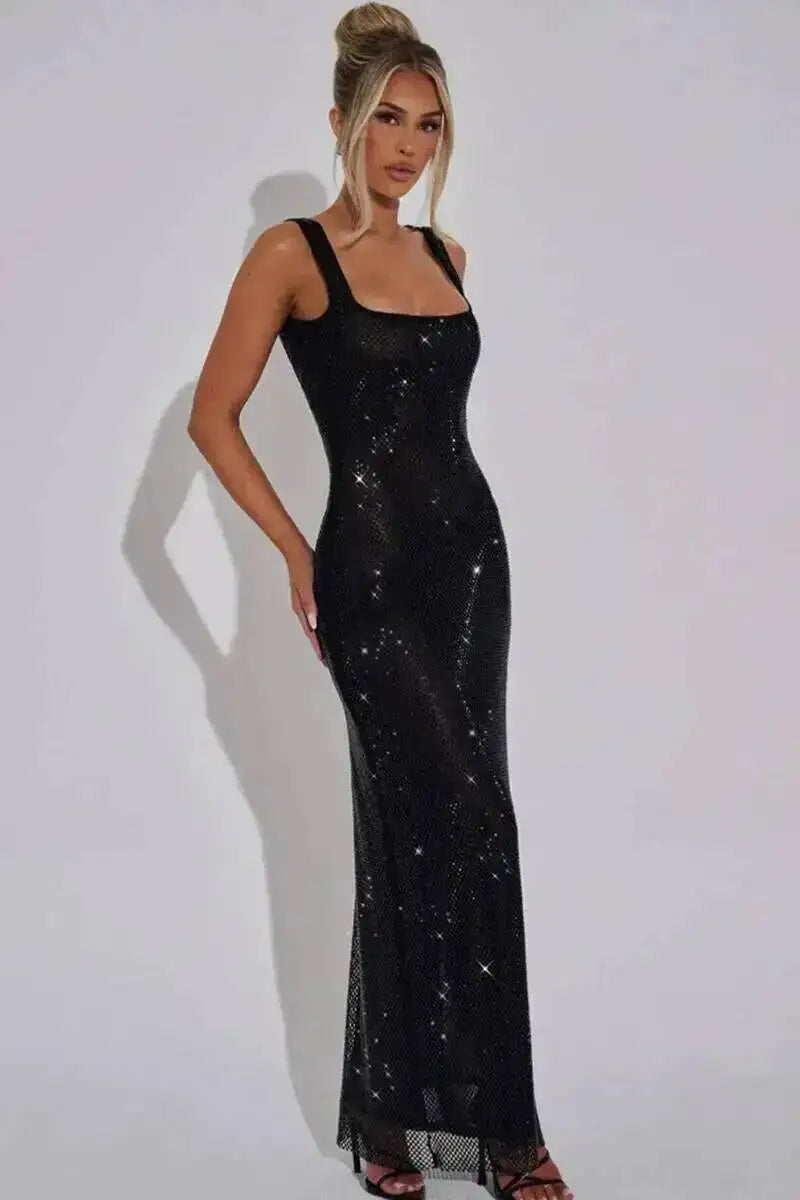 Sleeveless Sequined Mesh Maxi Dress Bodycon