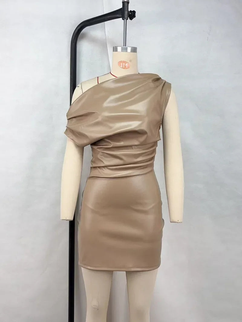 Elegant Sexy PU Leather Bodycon Mini Dress Ruched