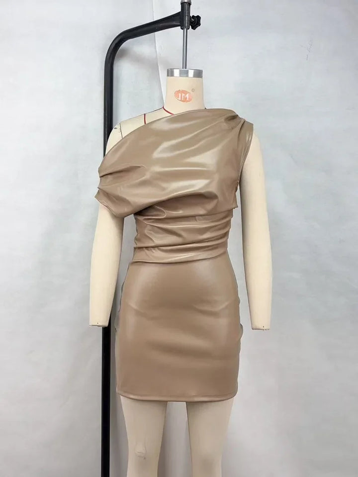 Elegant Sexy PU Leather Bodycon Mini Dress Ruched