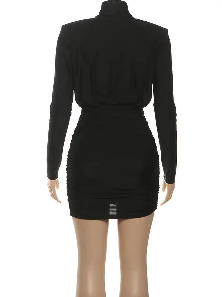 Nibber Classic Turtleneck Dress Women Shoulder Padded Ruched Sexy Office Commute Simple Peach Hip Skinny Elegant Mini Bodycon
